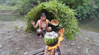 Solo Bushcraft, Building survival shelter beside the river, Meet big watermelon & eggs