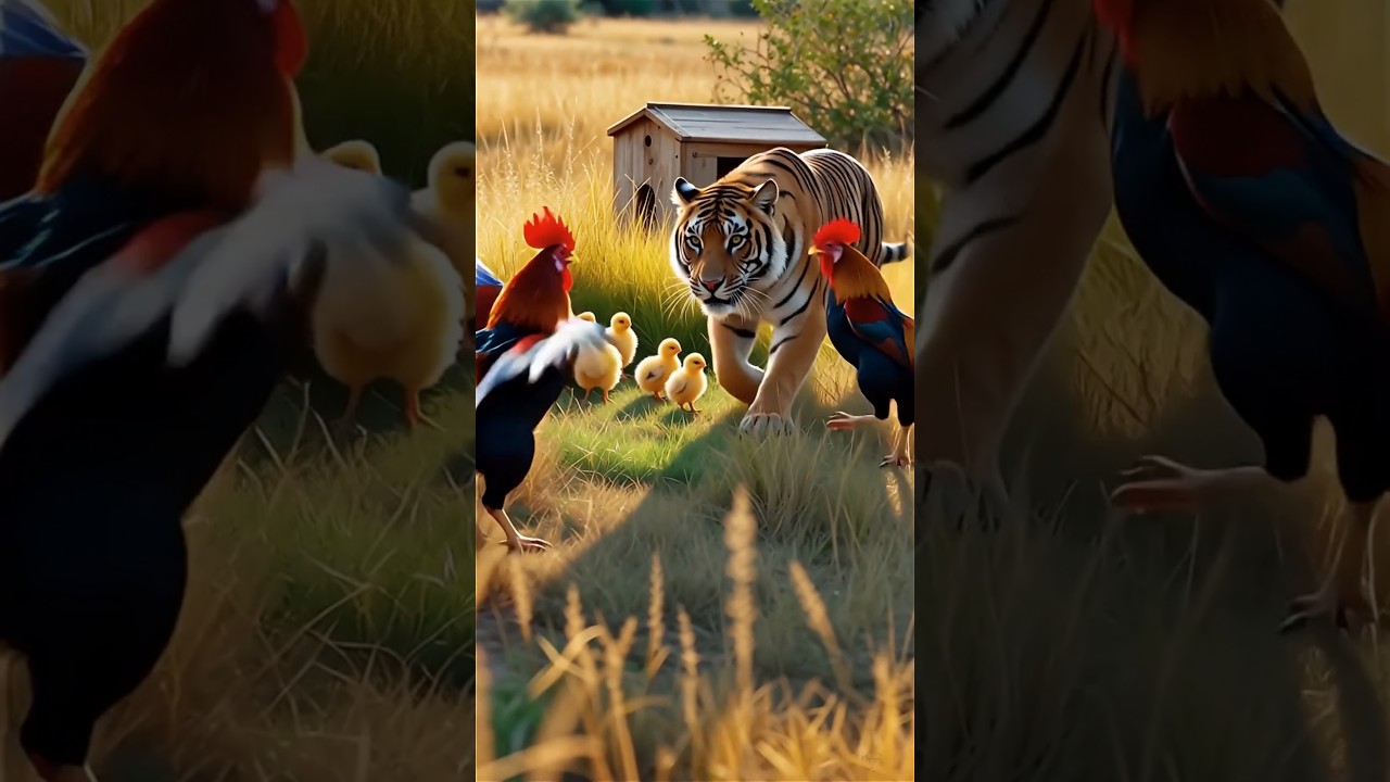 fearless rooster defends its tiny chicks as a tiger approaches, creating a tense and dramatic