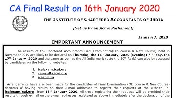 CA Final Result Nov 2019 on 16th January 2020