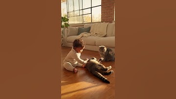 Baby in Cozy Sunlit Room Reaches for Curious Cat | Heartwarming AI Video #cat #funny #baby