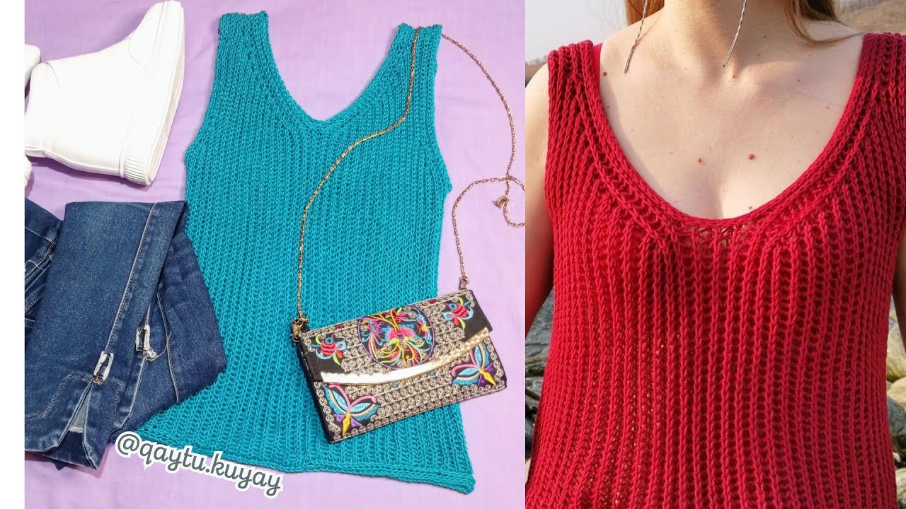 blusa tejida a dos agujas o dos palitos mujer media verano -