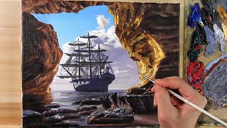 Acrylic Painting Pirate Ship Sailing / Correa Art