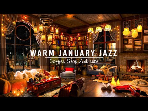 Warm January Jazz Music & Cozy Rain Night in Bookstore Cafe Ambience ~ Soothing Rain Sounds to Sleep