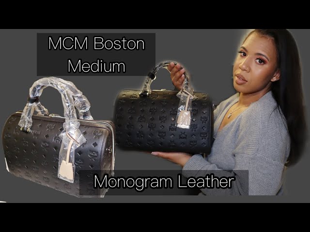 mcm essential boston bag in monogram leather