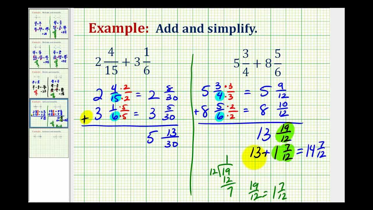 Example Addition Of Mixed Numbers YouTube