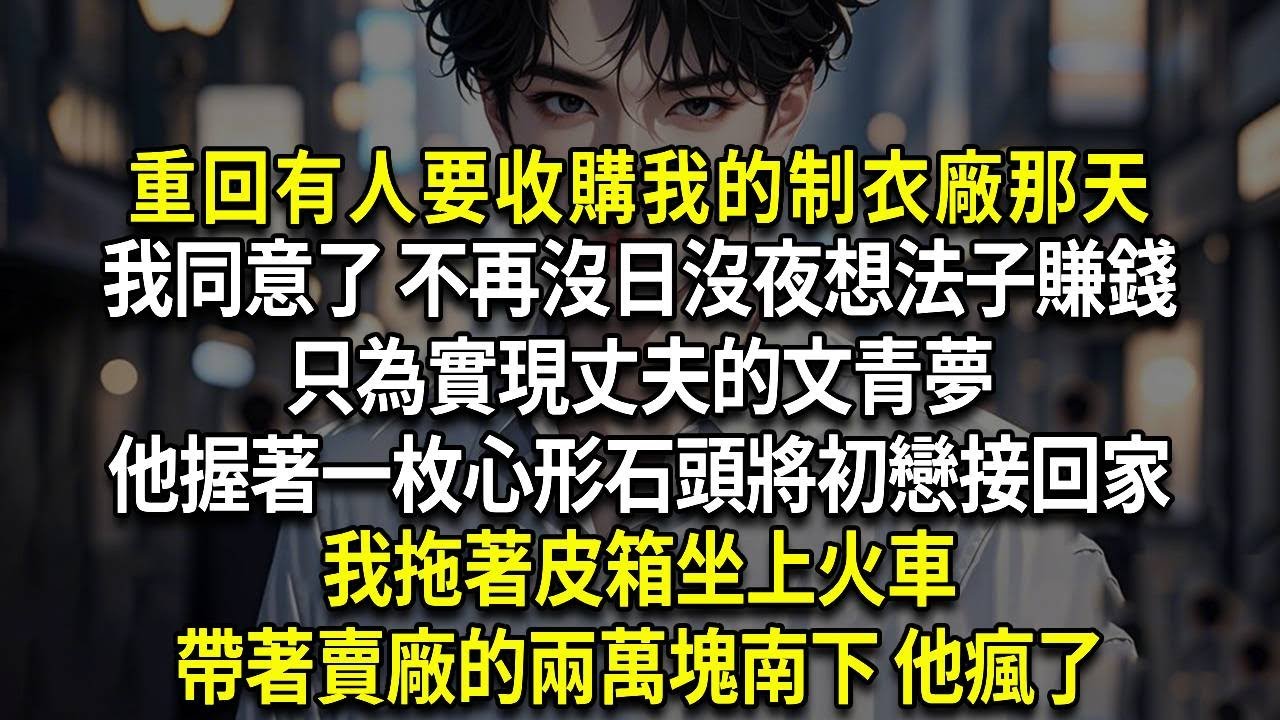 重回有人要收購我的制衣廠那天，我同意了 不再沒日沒夜想法子賺錢，只為實現丈夫的文青夢，他握著一枚心形石頭將初戀接回家，我拖著皮箱坐上火車，帶著賣廠的兩萬塊南下 他瘋了