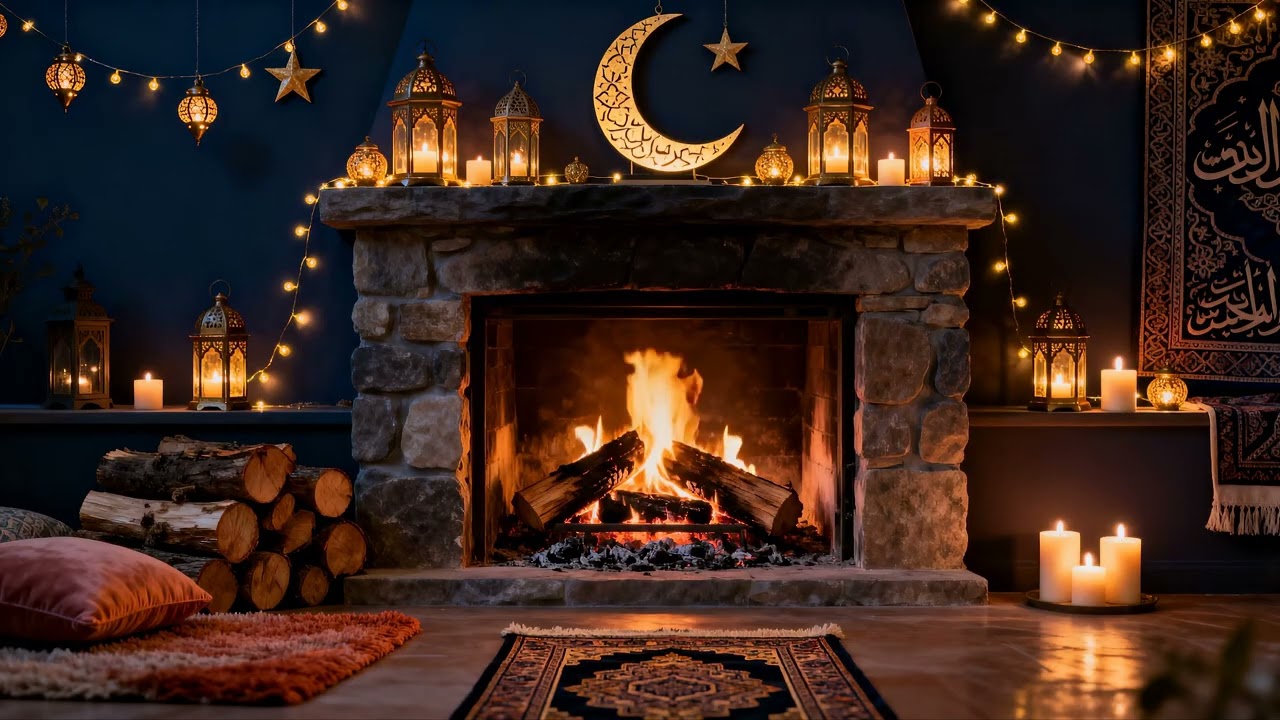 3H Ramadan Fireplace 4K 🌙 Ramadan Kareem | Cozy Lantern & Fire Ambience (No Music)
