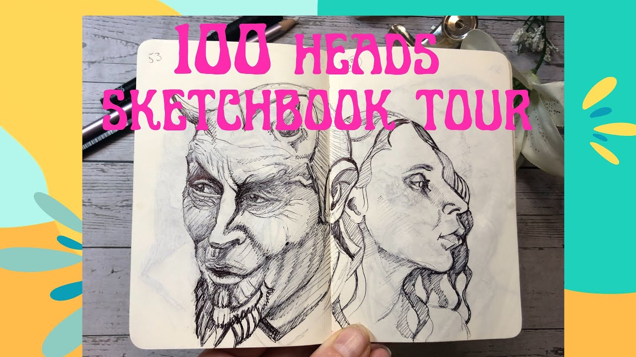 Watch my sketchbook tour, drawing 100 heads in a small Moleskine sketchbook