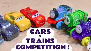 cars v trains competition with cars 3 vehicles racing thomas and friends minis