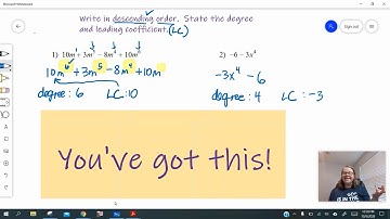 Algebra 1 Polynomials:  Descending Order, Leading Coefficient, and Degree