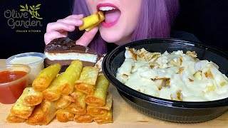 ASMR OLIVE GARDEN MUKBANG (NO TALKING) ALFREDO PASTA + CHEESE STUFFED PASTA CHIPS + MOUSSE CAKE