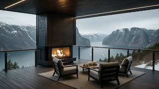 Modern Mountain Fjord Fireplace ❄️🔥 | Snowfall and Ocean Views for Relaxation