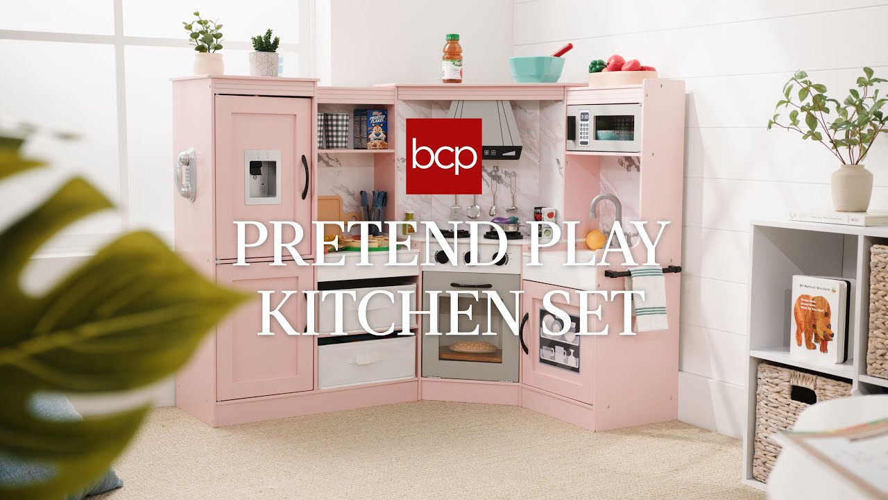 Pretend Play Corner Kitchen Wooden Toy Set for Kids w/ Lights