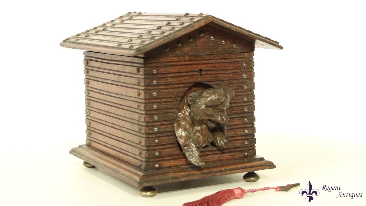 Antique Oak Black Forest Dog Kennel Cigar Box Humidor