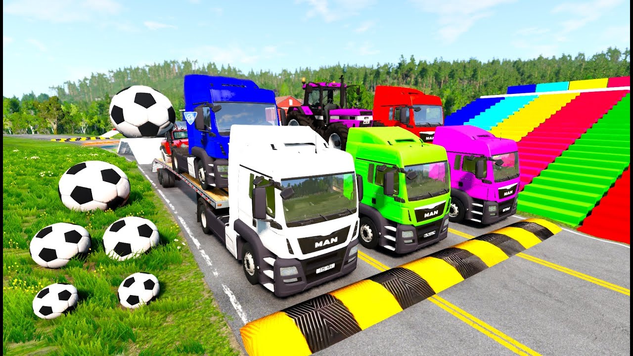 Triple Flatbed Trailer McQueen Transportation with Truck - Speedbumps vs Cars vs Train - BeamNG #05