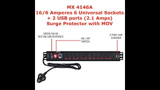 MX PDU with Dual USB charger 2.1 Amp - Surge Protector Power outlet 16 / 6 Amperes Spike Suppressor