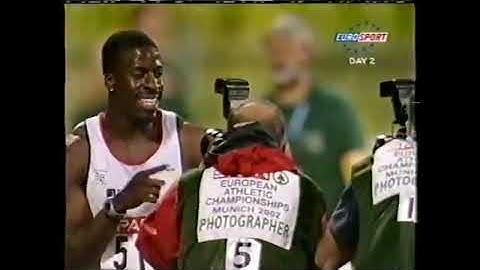 2002 Munich ,Euro Champ 100m  -0.3w  9.96  Dwain Chambers  DQ 7.8.02
