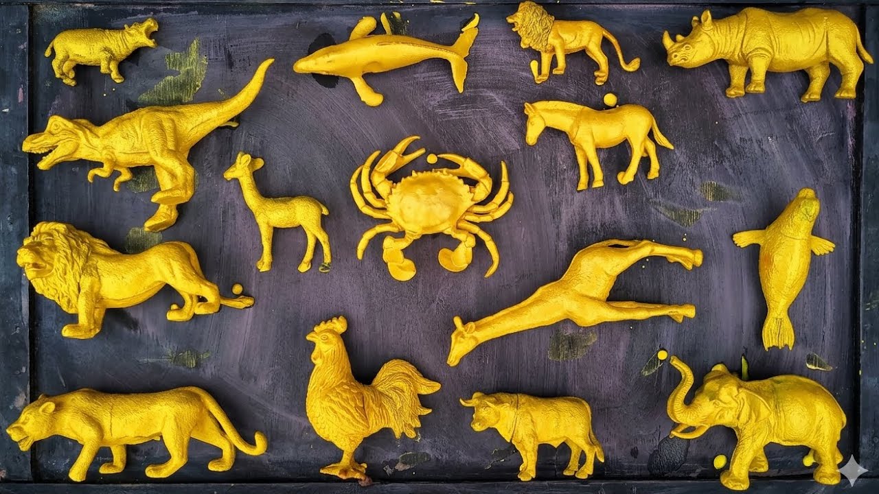 Cleaning Toy Animals Lion, Giraffe, Elephant, Cheetah, Buffalo, Dinosaur, Hippopotamus, Crabs, Zebra