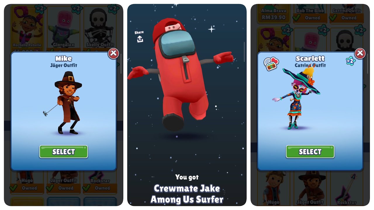 Subway Surfers x Among Us Gameplay Crewmate Jake vs Mike Jager Outfit vs Scarlett Catrina Outfit