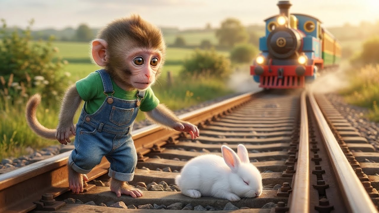 Baby Monkey’s Race Against the Train! Can He Save the Bunny in Time? 🐒🐰🚆