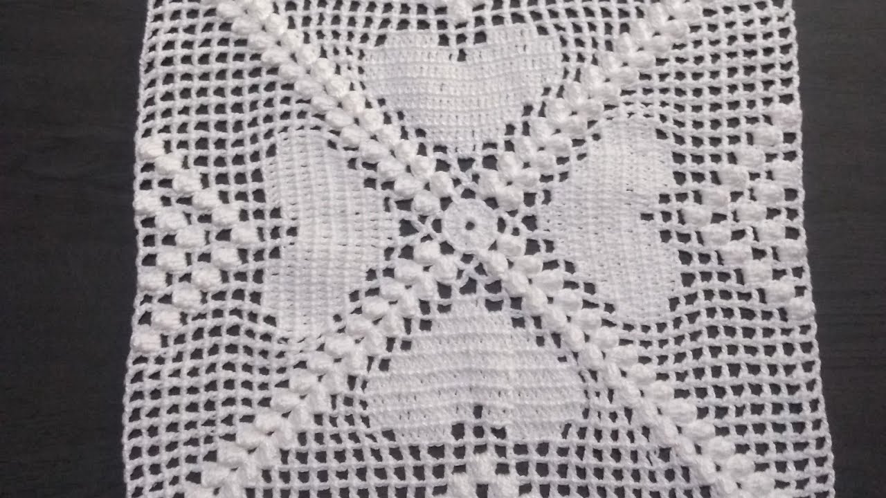 Passo a passo de Square de motivo de corações com ponto pipoca parte 1