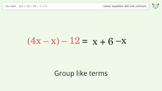 Linear equation with one unknown: Solve 4(x+3)-24=x+6 step-by-step solution