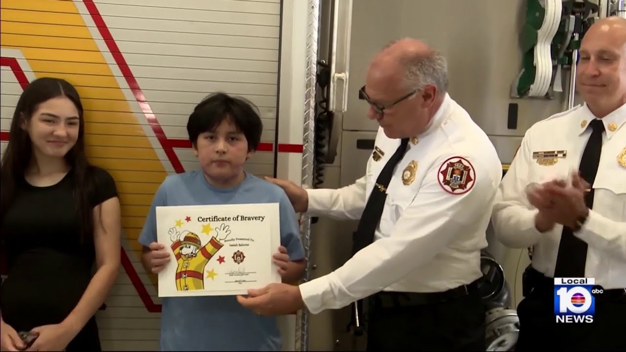 Firefighters reunite with boy, 10, who rushed into flames - YouTube