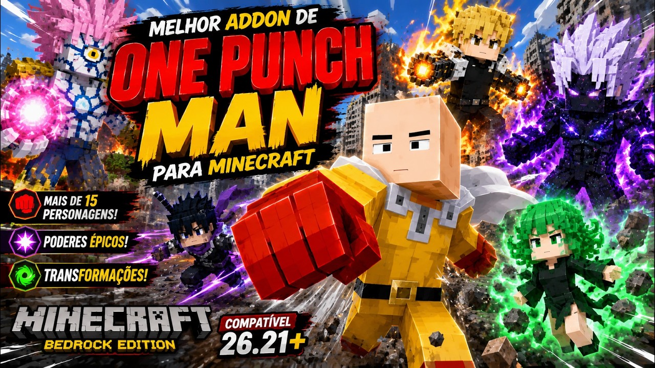 SAIU!!MELHOR ADDON DE ONE PUNCH MAN PARA MINECRAFT PE 26.21+!!😱💥 (One Punch V2)