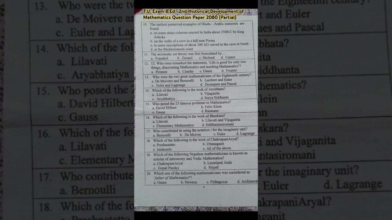 B. ed.2nd.partial Exam  historical development of Mathematics Question Paper 2080 shorts viralshorts
