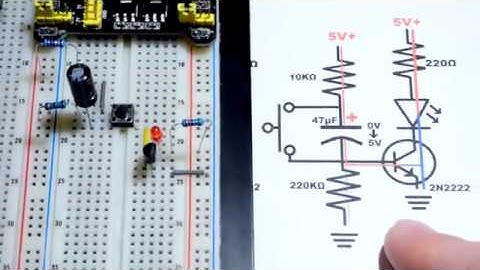 Transistor circuit 15 Fading off an LED using 2N2222 NPN Bipolar Junction Transistor and capacitor