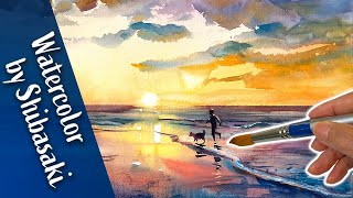 [Eng sub] Watercolor Painting demo | Sunset beach scenery | landscape | Calming art