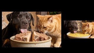 Cat and dog slurp battle. 