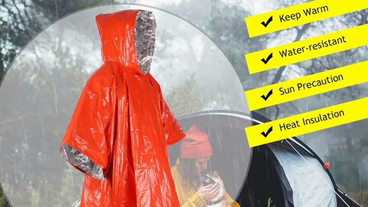 Poncho Raincoat Lightweight Emergency First Aid Portable Rainwear Orange