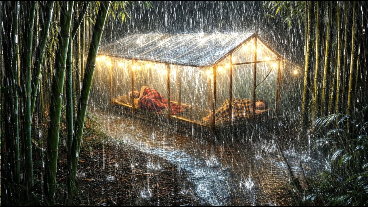 CAMPING IN HEAVY RAIN CRAZIEST THUNDERSTORM‼️STRUGGLE TO BUILD A BAMBOO ...
