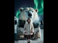 Beauty standing at the door of a polar bear-inspired bus,