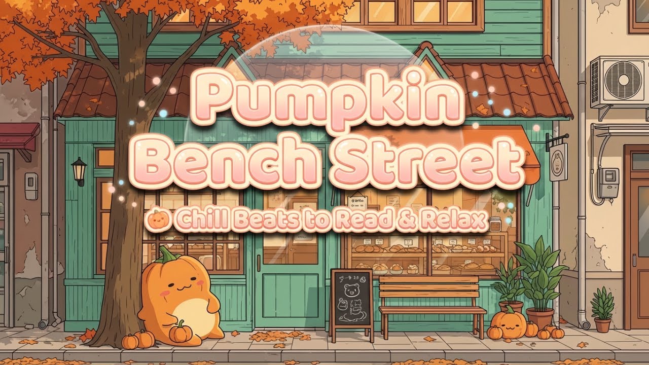 Cozy Autumn Bakery Street — orange awning, wooden bench, falling leaves for calm study & focus #21