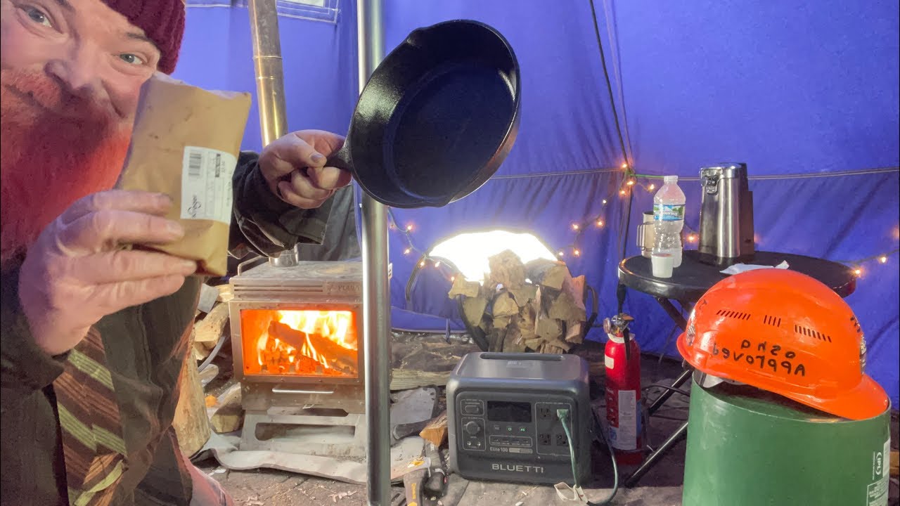 Hot tent, camping, cooking salmon, enjoying hot chocolate