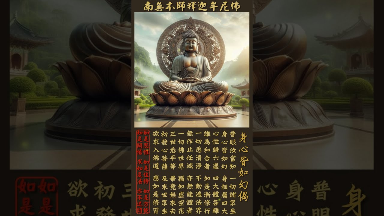 身心皆如幻偈 | 此菩薩及末世眾生，修習此心得成就者，於此無修亦無成就。圓覺普照寂滅無二 | 每日持誦此偈，破除我執法執、妄念頓息、心安不動、證入圓覺平等，遠離顛倒夢想 #BuddhaMantra