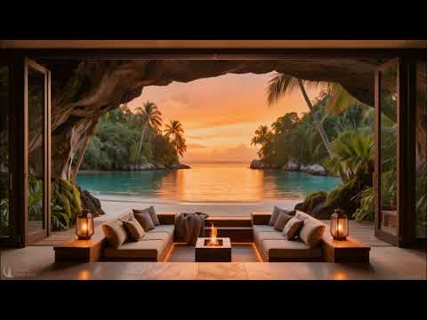 Relaxing Jazz and Gentle Sea Waves | Tropical Cave Lounge at Sunset