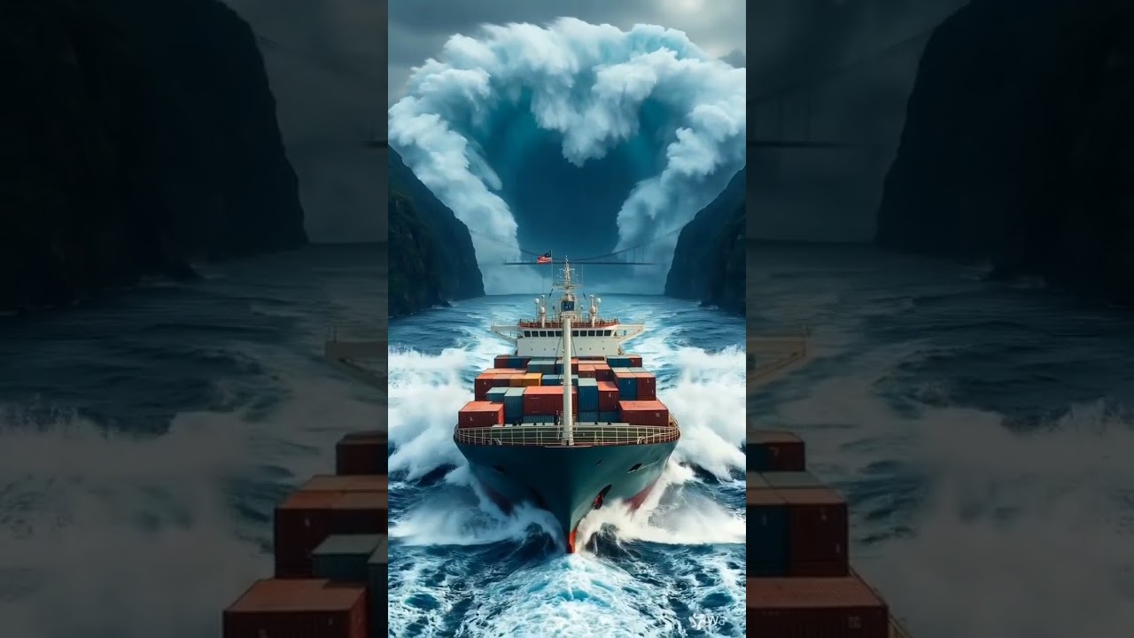 Tsunami Chase: Cargo Ship Races Under Bridge as Monster Wave Closes In