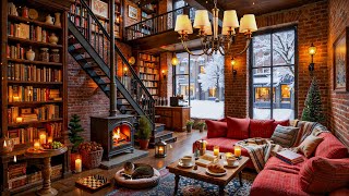 Warm Jazz Music in Cozy Library Coffee Shop ☕ Soft Winter Jazz with Snowfall for Reading & Focus screenshot 2