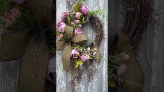 Cottage Floral Wreath Kit | Pink Peonies, Burlap Bow &amp; Rustic Greenery