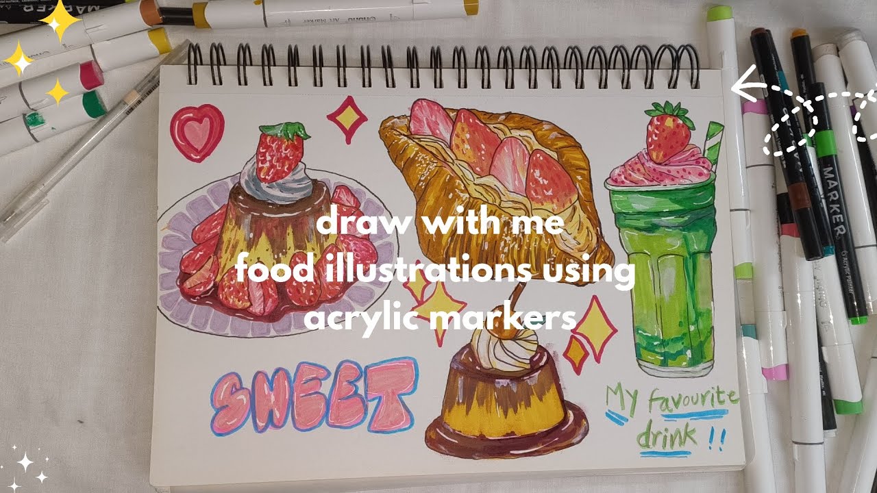 draw with me - food illustrations🍓 using acrylic markers🍮 - YouTube