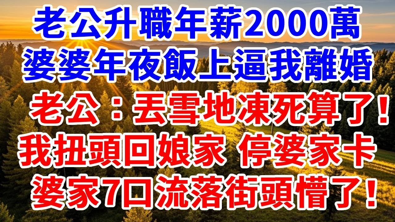老公升職年薪2000萬，婆婆年夜飯上逼我離婚，老公摟著秘書炫耀：丟雪地凍死算了！我扭頭回娘家：爸停掉他們信用卡，當夜婆家7口流落街頭嚇癱了！#思妤說故事#為人處世#生活經驗#情感故事#晚年哲理#說故事