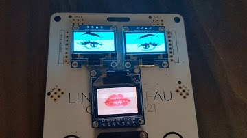 Linux conf au 2021 conference badge: 2x SSD1306 (I2C) + 1x SSD1331 SPI