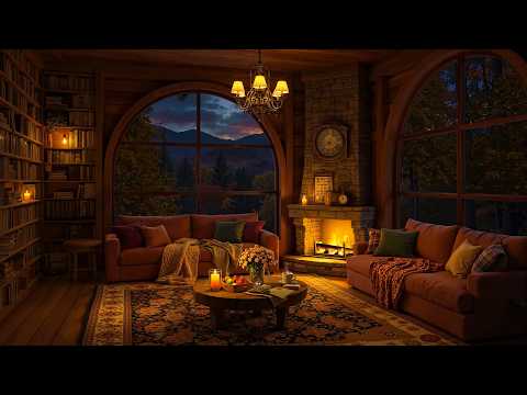Calm Jazz in a Cozy Autumn Forest Library | Crackling Fireplace for Relax, Study, Work & Focus