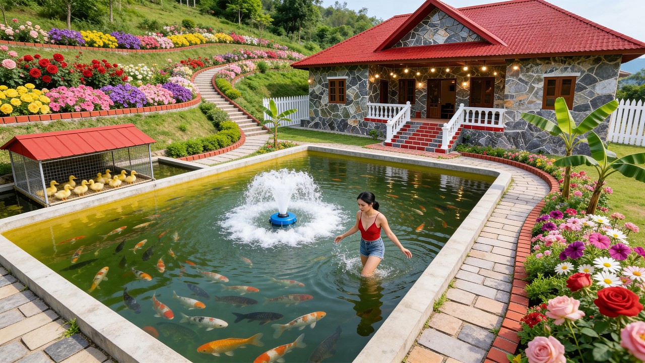 Install Automatic Water Sprayer for Fish Pond | Harvest Water Spinach After 30 Days of Building Farm