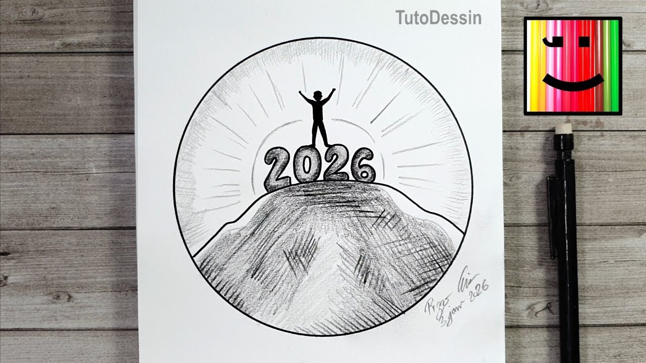 Comment dessiner une année 2026 au top dans un cercle au crayon de papier