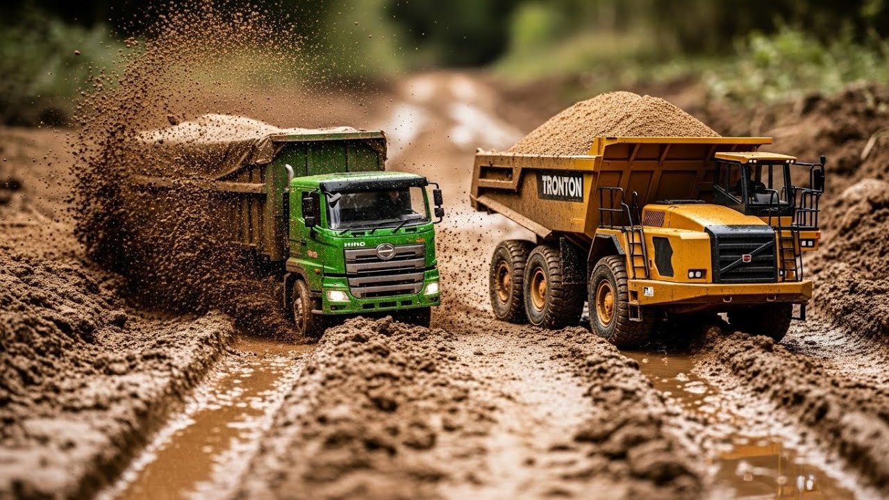RC Road Construction Challenge! Hino Trailer vs Tronton Sand Hauler on Slippery Mud Road