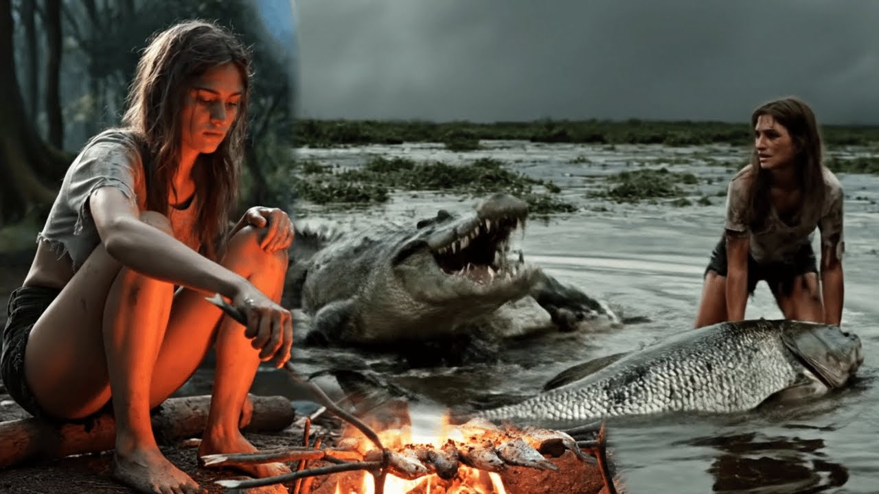 Primitive Girl Survives Alone: PYTHONX vs CROCOS Monster Battle and Giant Fish Grill | DAY 4 Full
